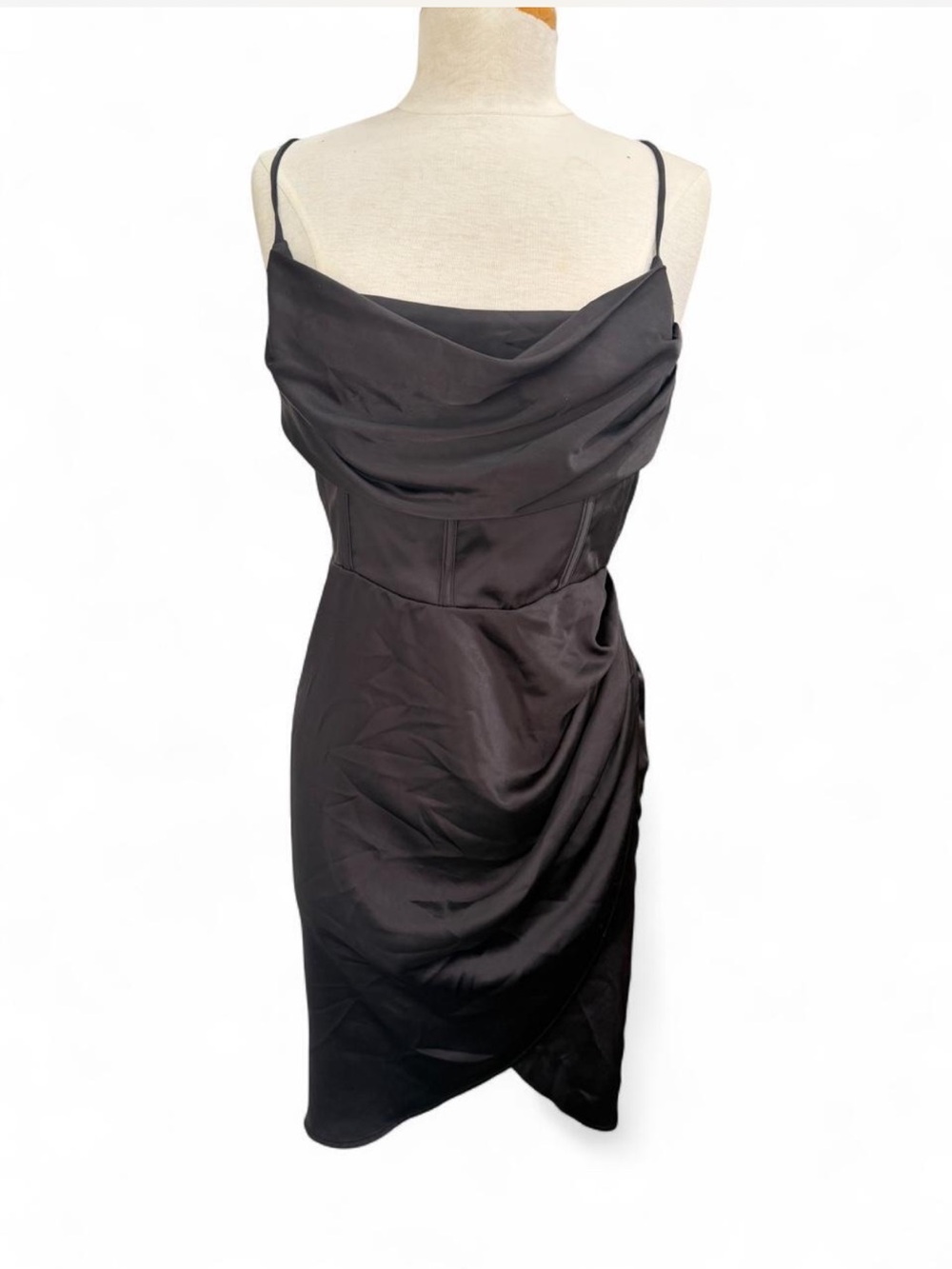 The Vintage Shop Black Satin Cowl Neck Corset Lace Up Dress L